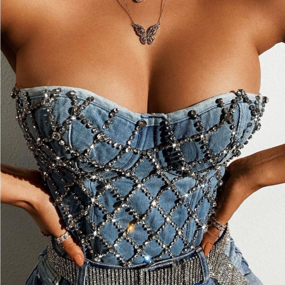 Embellished Denim Bustier Top